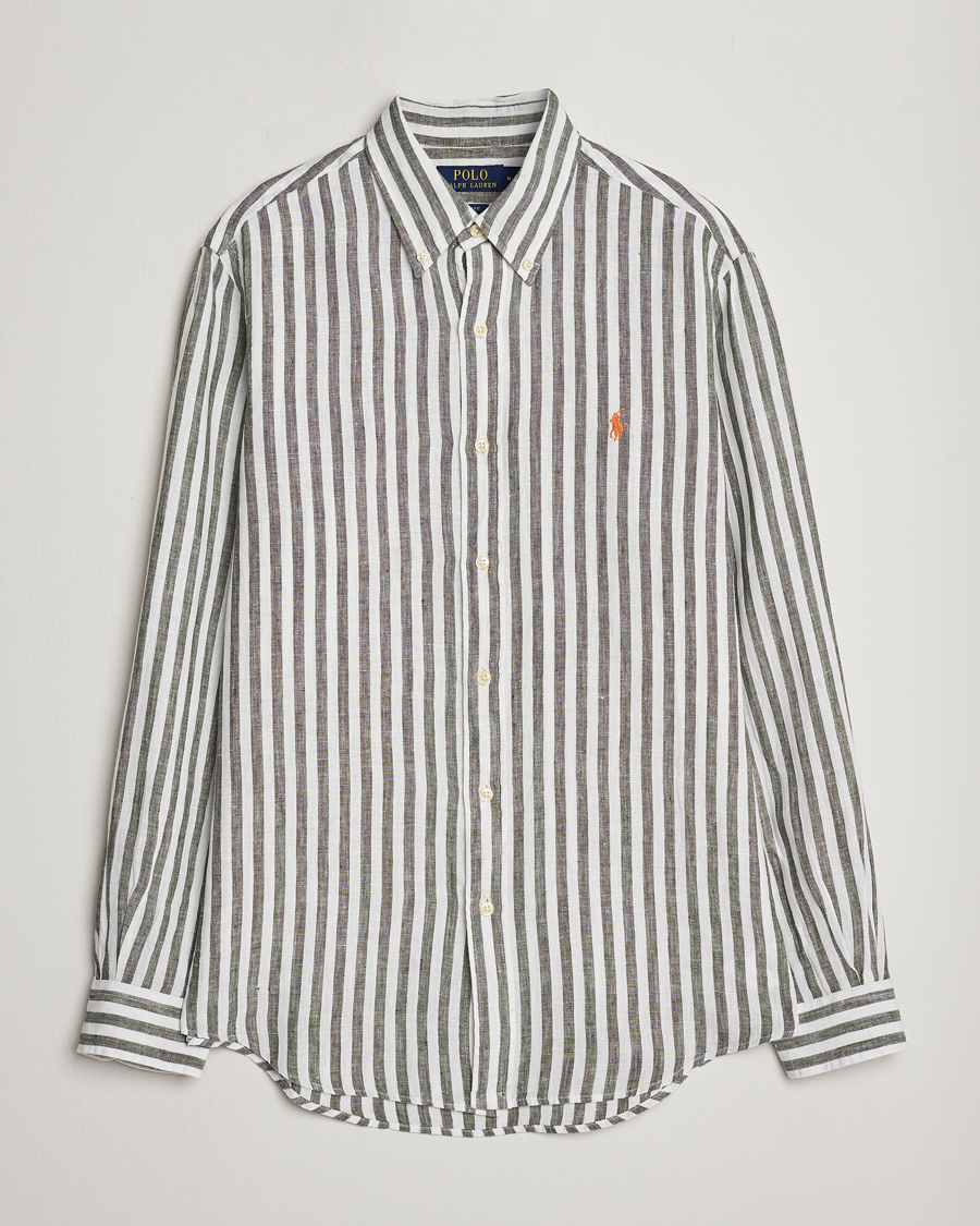 Men | Shirts | Polo Ralph Lauren | Custom Fit Striped Linen Shirt Olive/White
