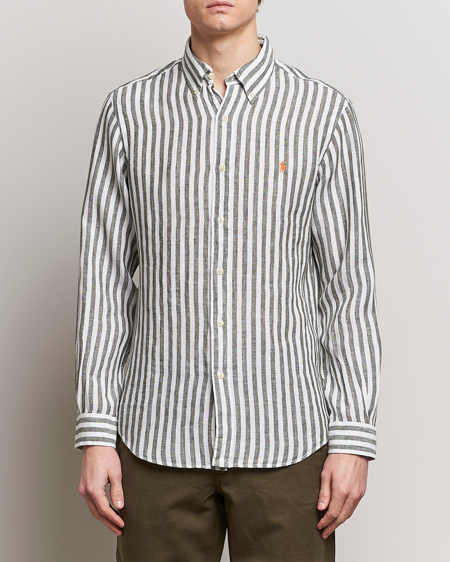 Men | Shirts | Polo Ralph Lauren | Custom Fit Striped Linen Shirt Olive/White