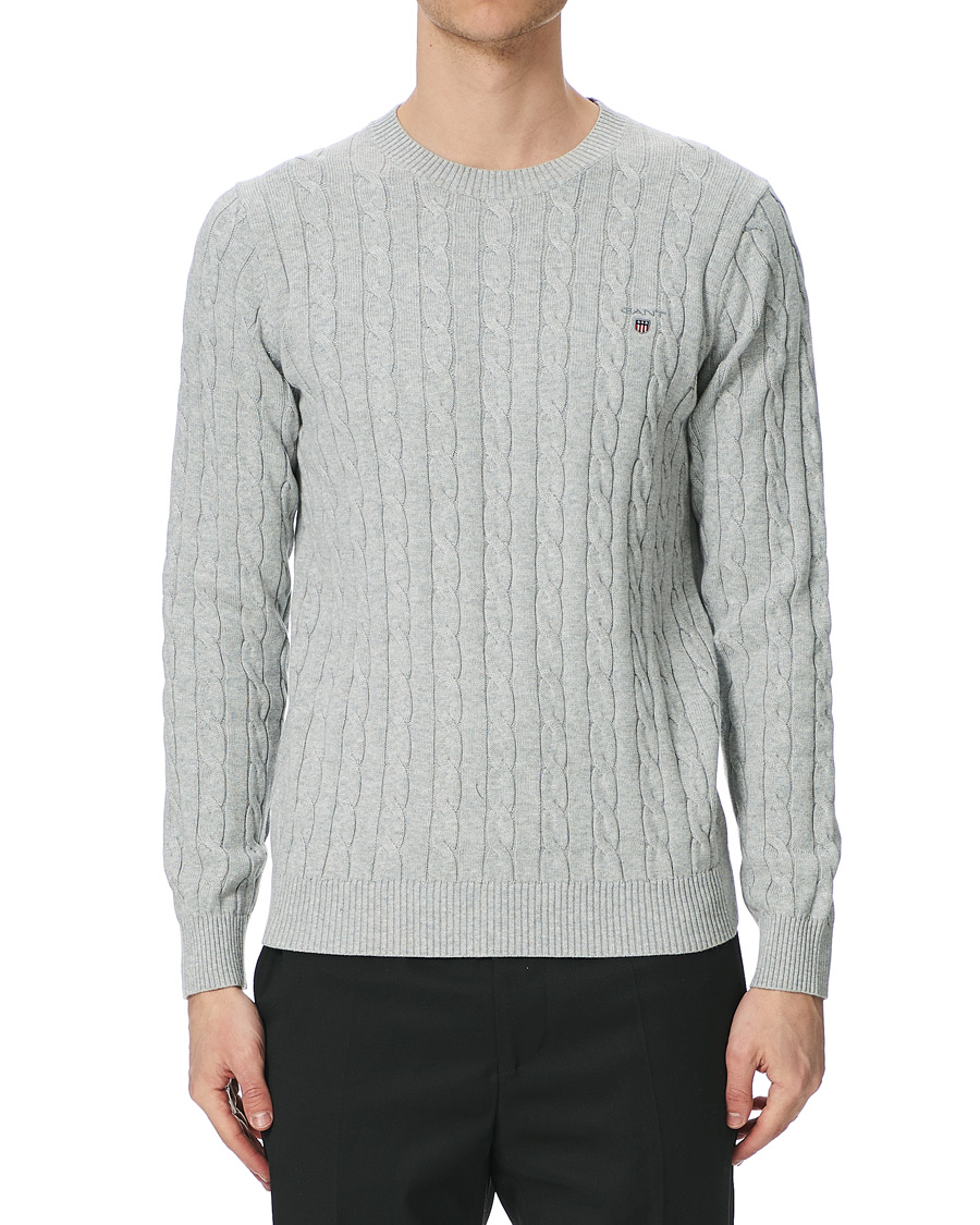 Men | Sweaters & Knitwear | GANT | Cotton Cable Crew Neck Pullover Light Grey Melange