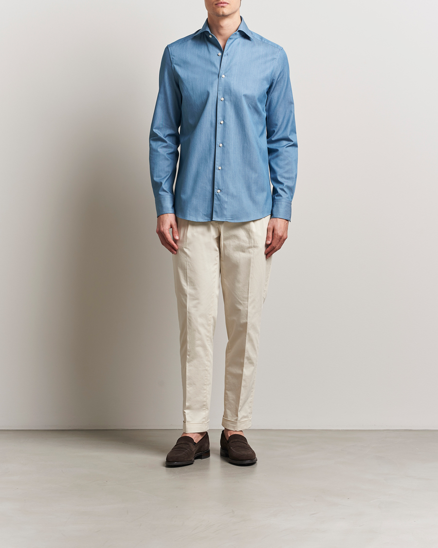 Men | Shirts | Stenströms | 1899 Slim One Piece Collar Cotton Denim Shirt Mid Blue