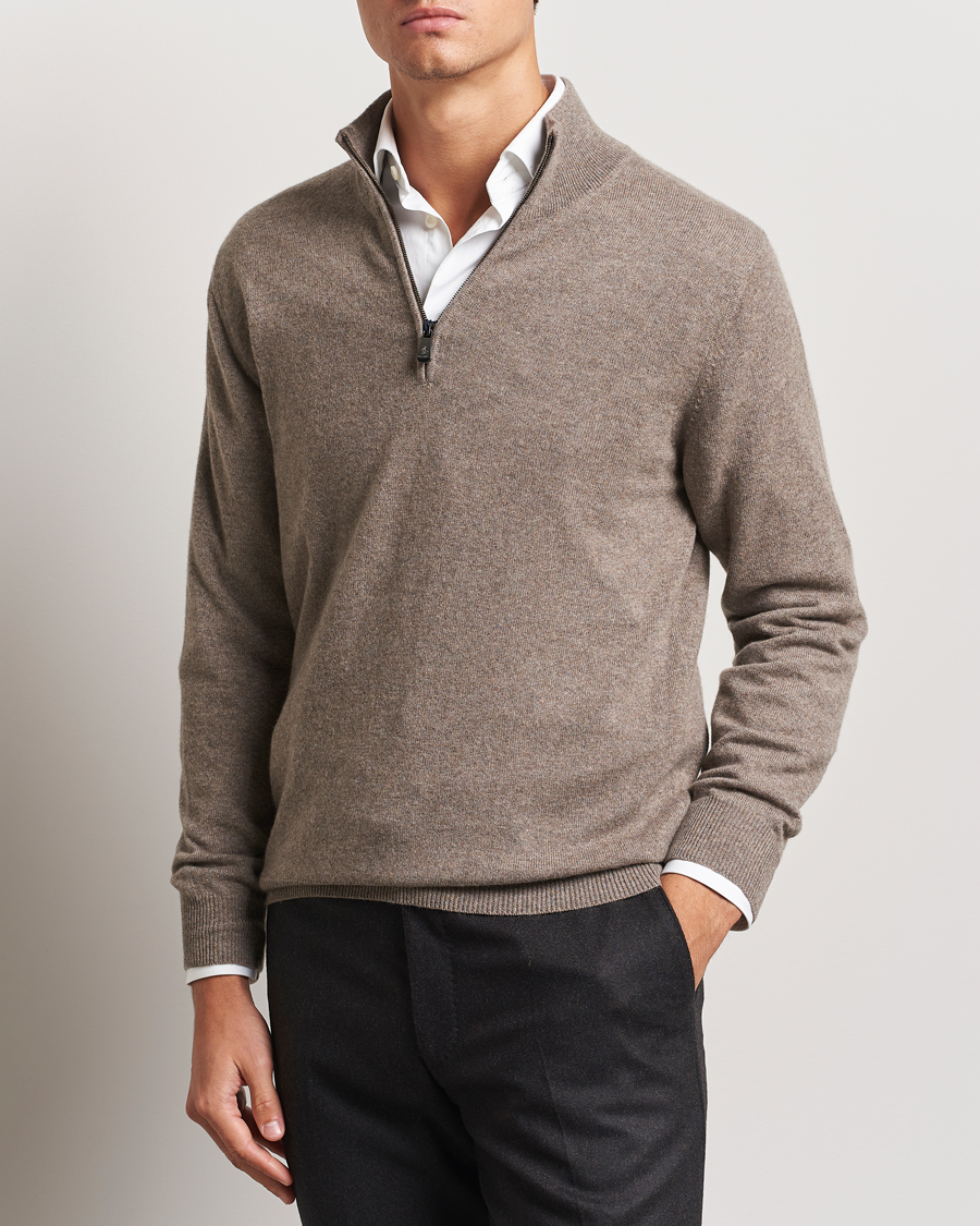Men | Sweaters & Knitwear | Piacenza Cashmere | Cashmere Half Zip Sweater Brown