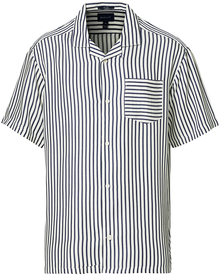 Men | Shirts | Gant | Rel Stripe Camp Collar Short Sleeve Shirt White/Blue