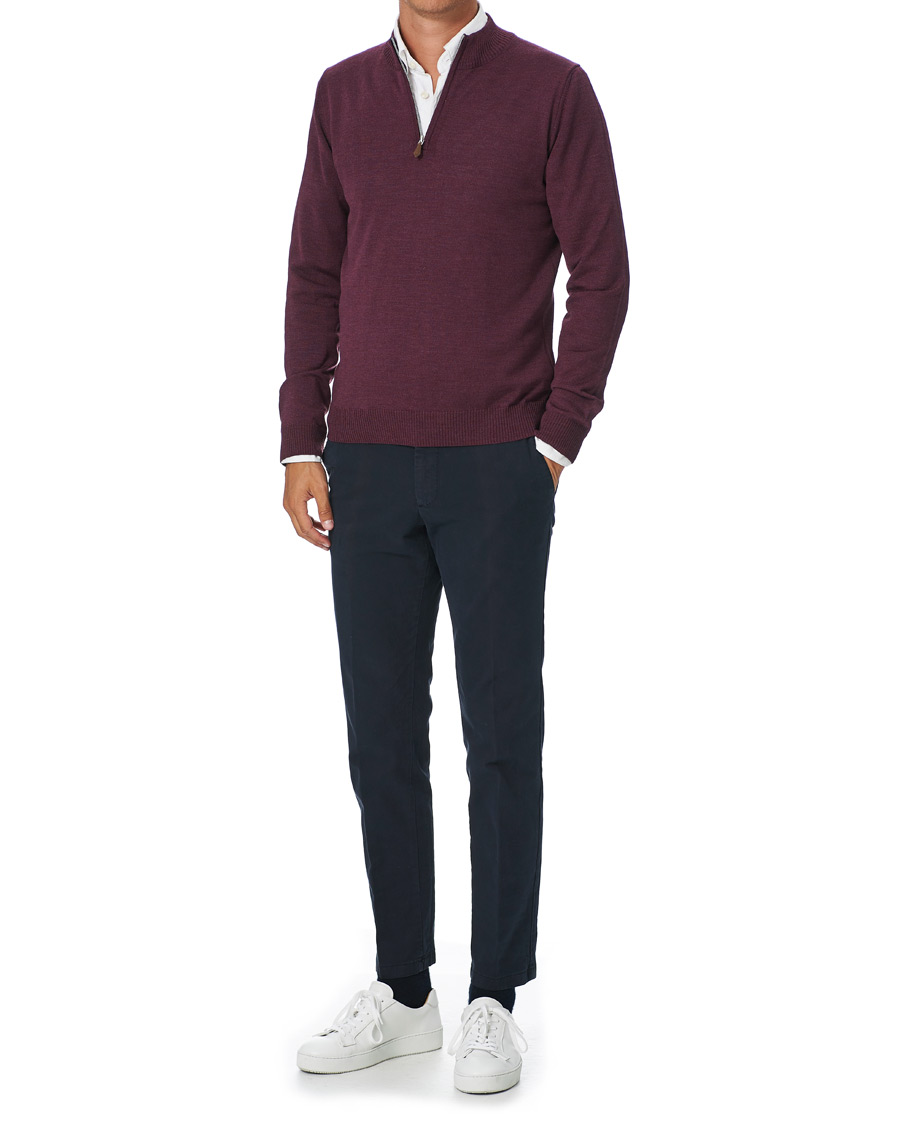 Men | Sweaters & Knitwear | Stenströms | Merino Half Zip Burgundy Mouliné