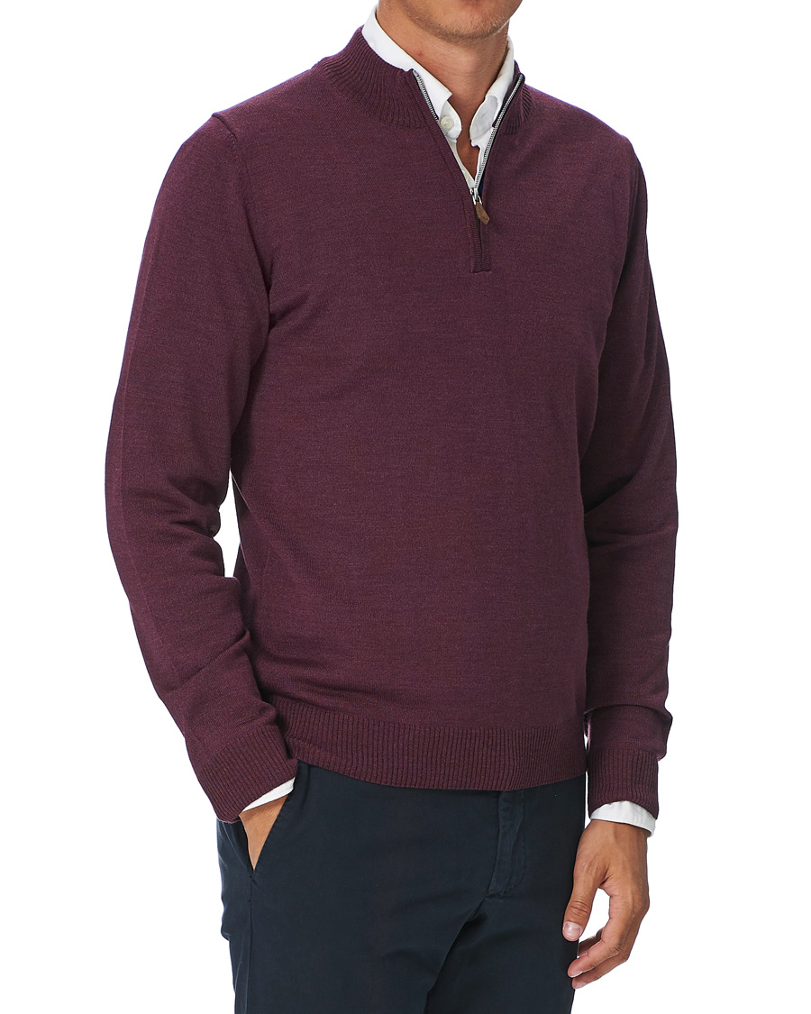 Men | Sweaters & Knitwear | Stenströms | Merino Half Zip Burgundy Mouliné