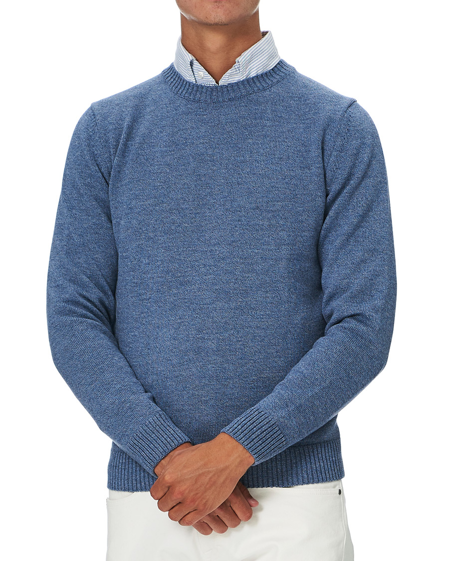 Men | Sweaters & Knitwear | Stenströms | Heavy Knitted Merino Crew Neck Blue Mouliné