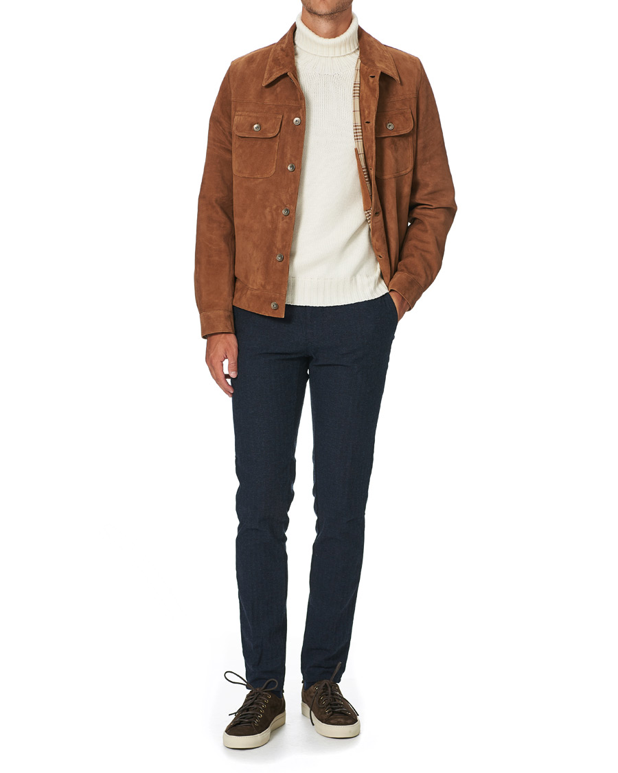 Men | Trousers | Incotex | Slim Fit Cotton/Wool Herringbone Slacks Navy