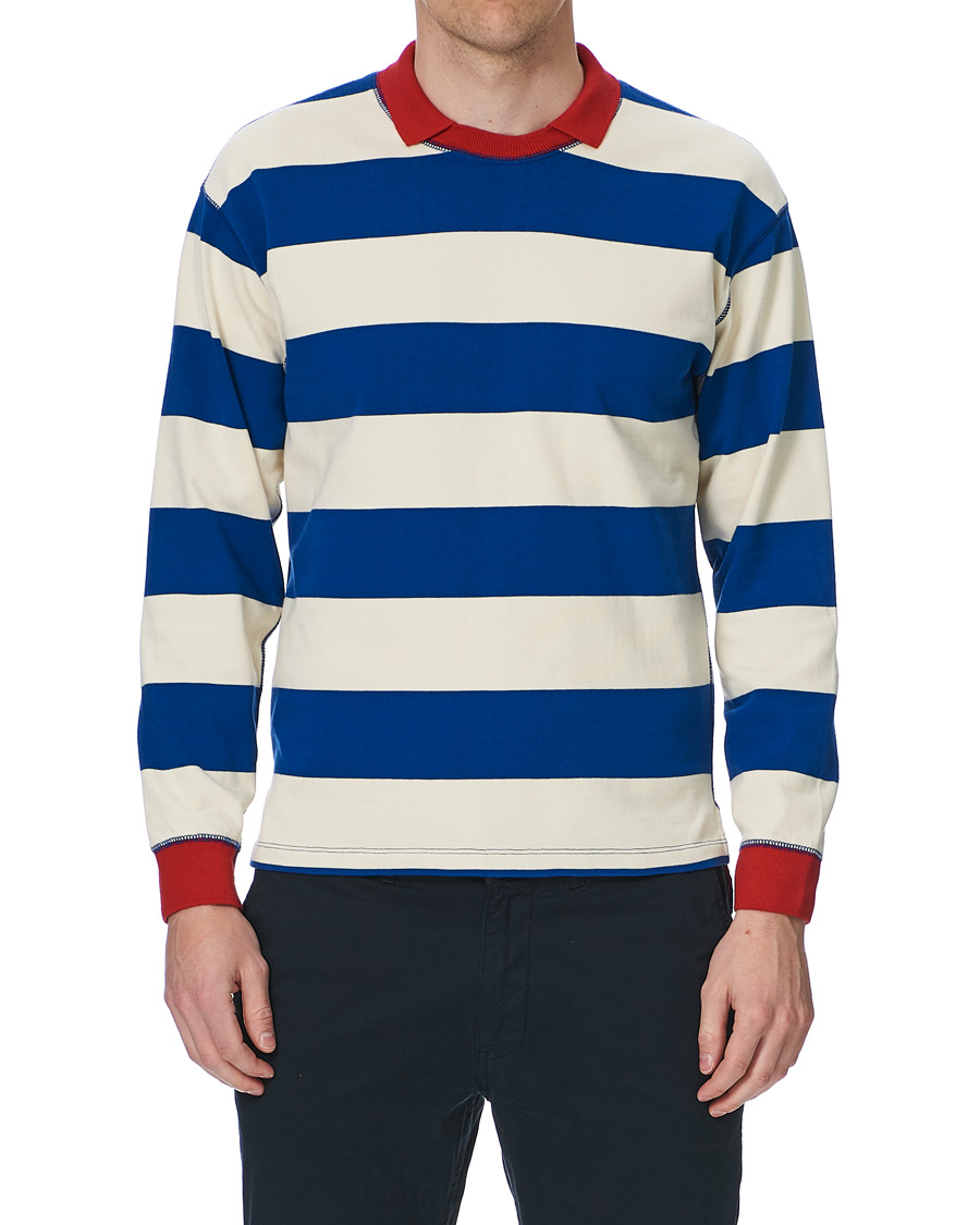 Men | T-Shirts | Drake's | Mock Collar Long Sleeve Tee Blue/White