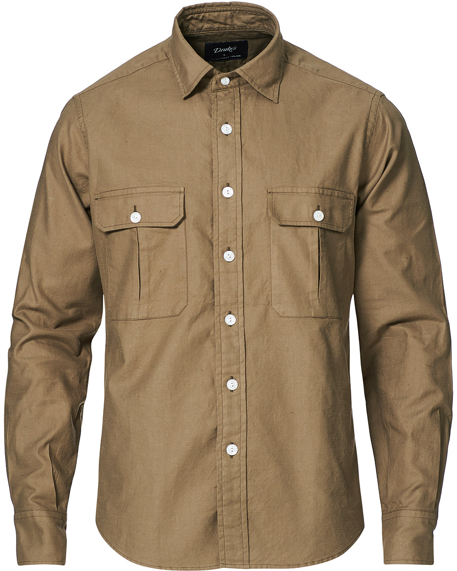 Men | Shirts | Drake's | Two Pocket Cotton Work Shirt Khaki