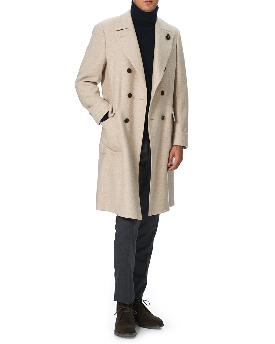 Men | Coats & Jackets | Lardini | Double Breasted Basket Weave Wool Coat Creme