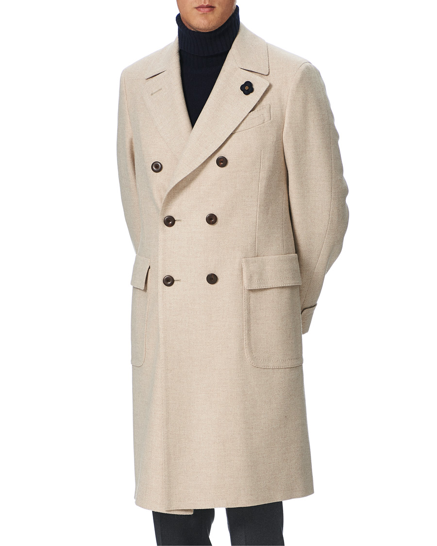 Men | Coats & Jackets | Lardini | Double Breasted Basket Weave Wool Coat Creme