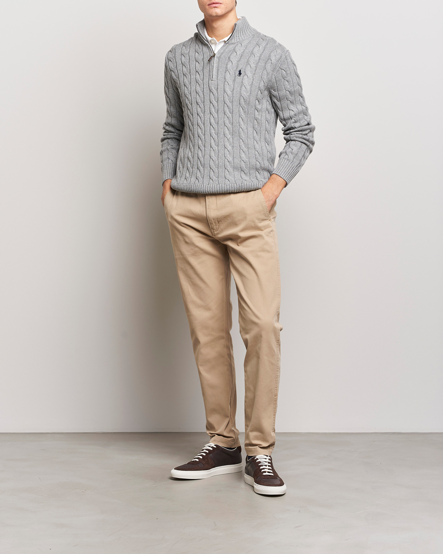 Men | Sweaters & Knitwear | Polo Ralph Lauren | Cotton Cable Half Zip Fawn Grey Heather