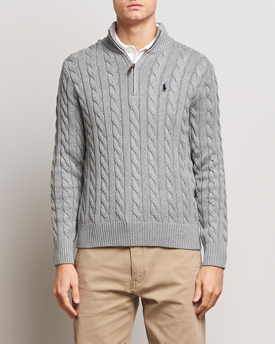 Men | Sweaters & Knitwear | Polo Ralph Lauren | Cotton Cable Half Zip Fawn Grey Heather