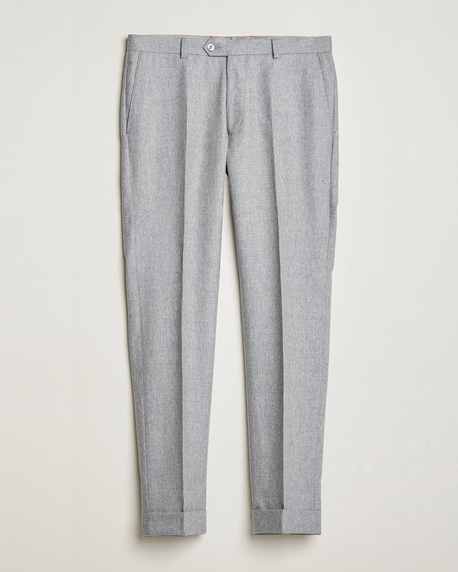 Men | Trousers | Oscar Jacobson | Denz Turn Up Flannel Trousers Light Grey Melang