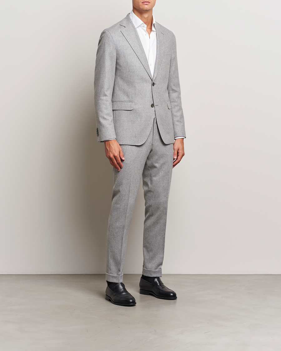Men | Trousers | Oscar Jacobson | Denz Turn Up Flannel Trousers Light Grey Melang