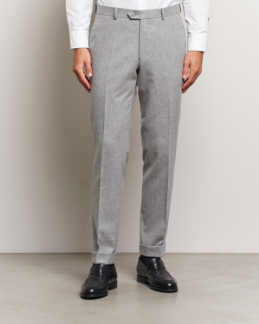 Men | Trousers | Oscar Jacobson | Denz Turn Up Flannel Trousers Light Grey Melang