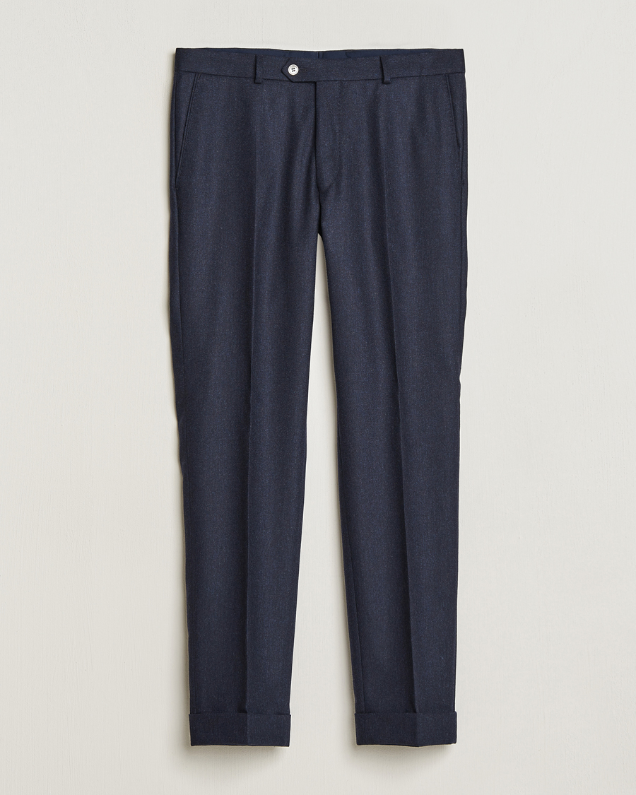 Men | Trousers | Oscar Jacobson | Denz Turn Up Flannel Trousers Navy Melange