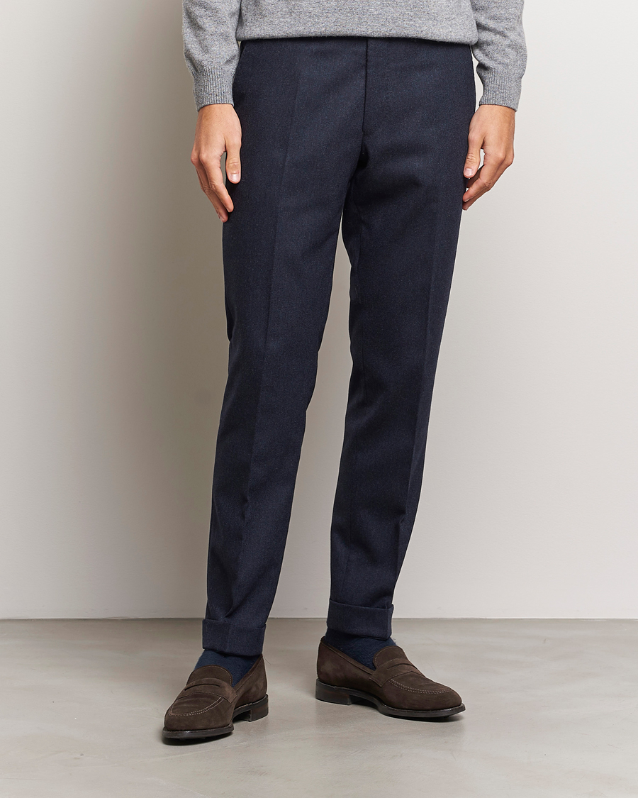 Men | Trousers | Oscar Jacobson | Denz Turn Up Flannel Trousers Navy Melange