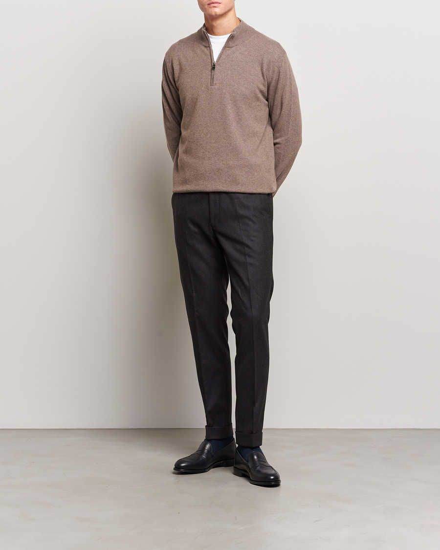 Men | Trousers | Oscar Jacobson | Denz Turn Up Flannel Trousers Brown Melange