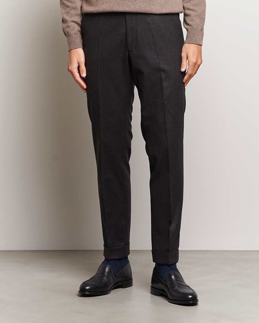 Men | Trousers | Oscar Jacobson | Denz Turn Up Flannel Trousers Brown Melange