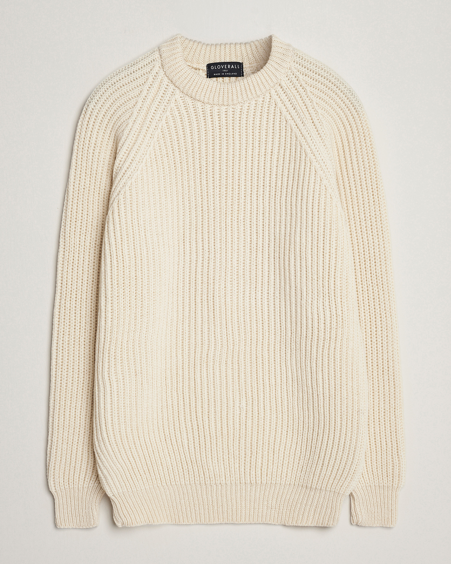 Men | Sweaters & Knitwear | Gloverall | Fisherman Rib Chunky Wool Crew Neck Ecru