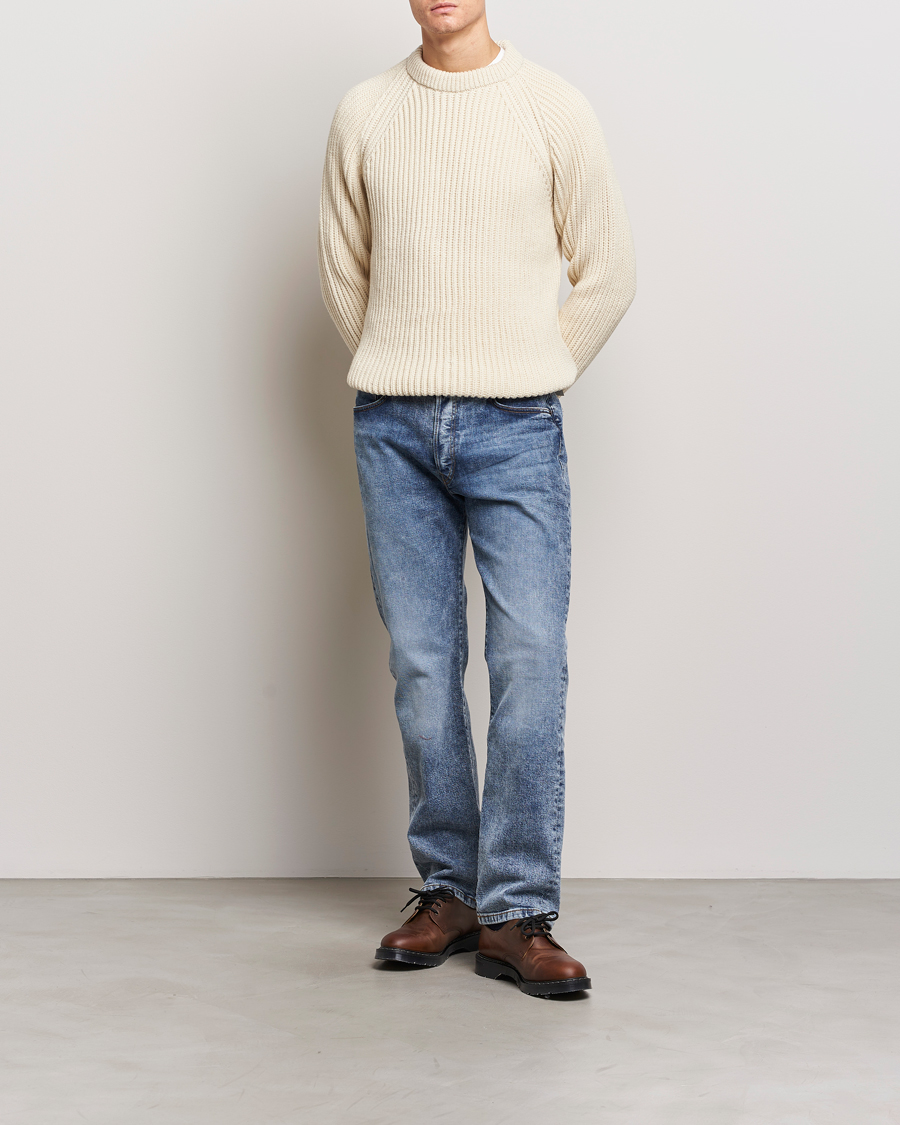 Men | Sweaters & Knitwear | Gloverall | Fisherman Rib Chunky Wool Crew Neck Ecru