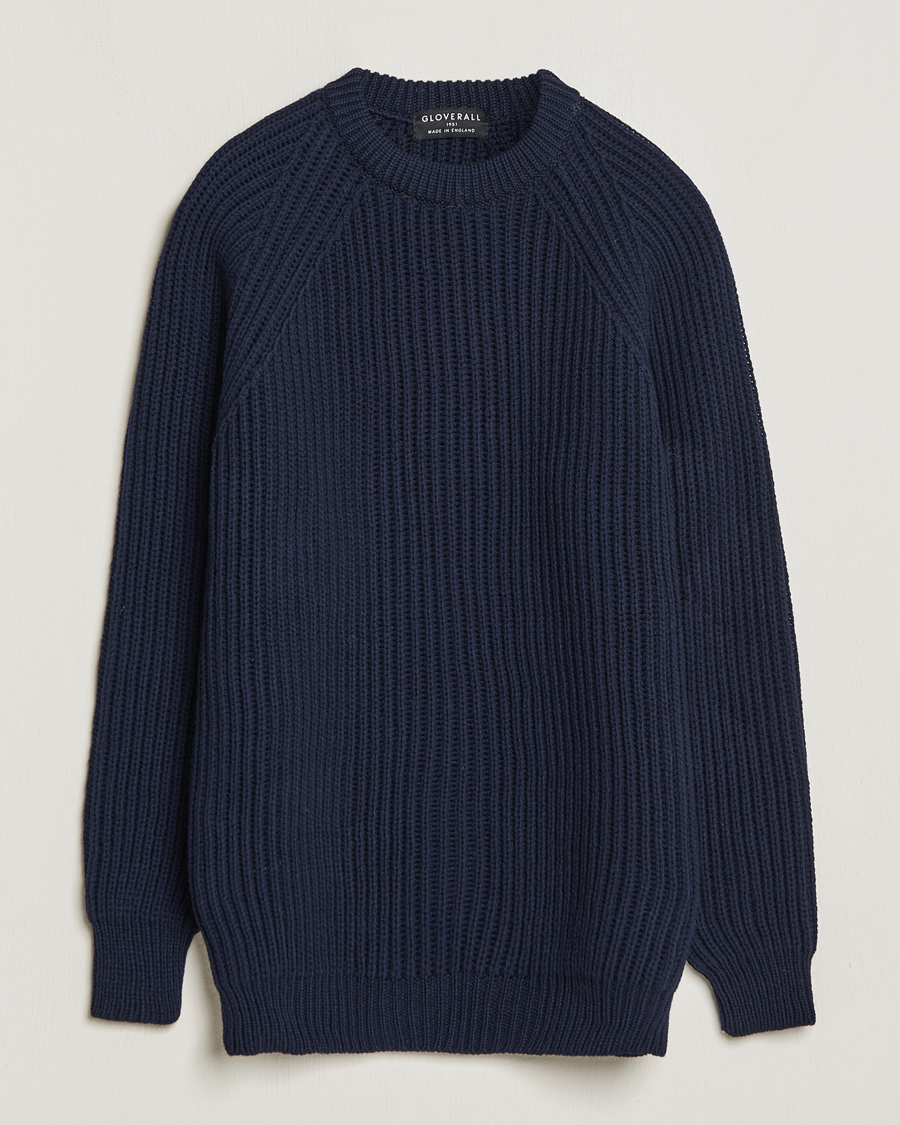 Men | Sweaters & Knitwear | Gloverall | Fisherman Rib Chunky Wool Crew Neck Navy