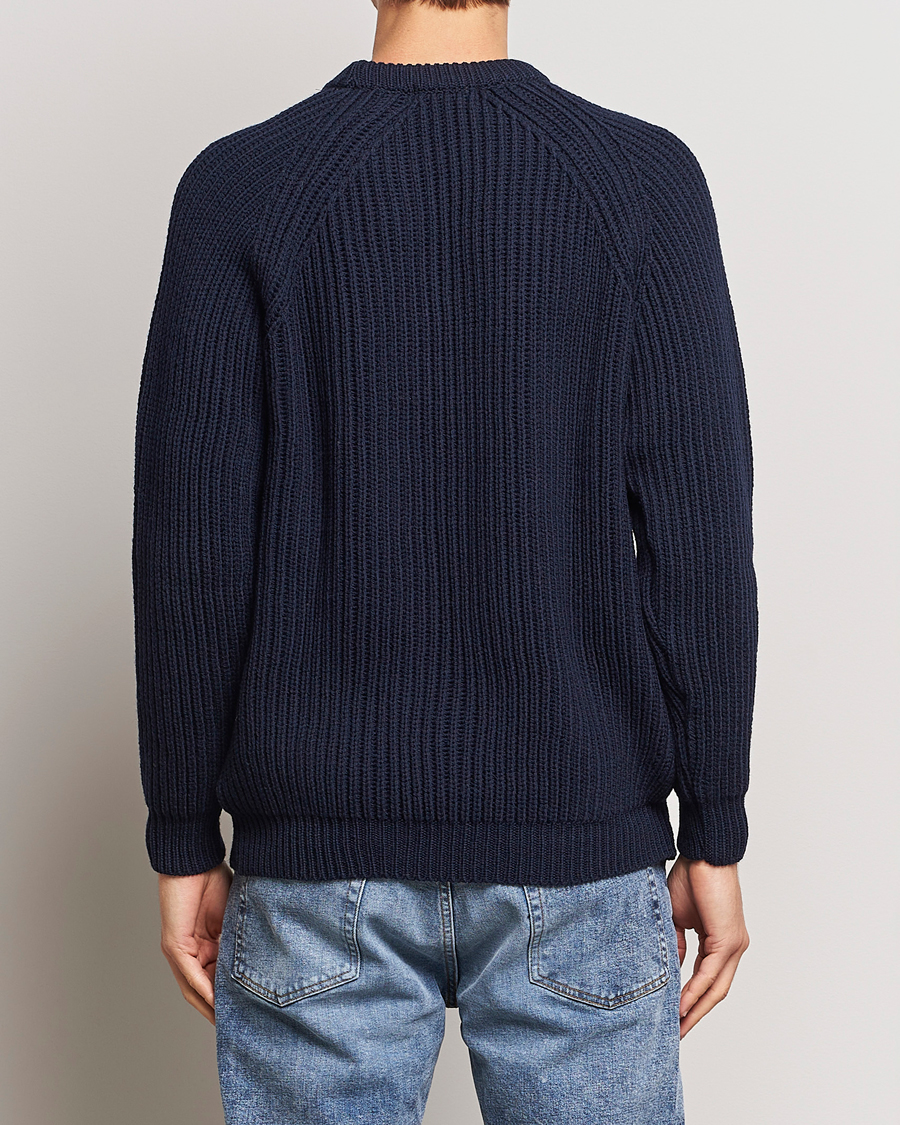 Men | Sweaters & Knitwear | Gloverall | Fisherman Rib Chunky Wool Crew Neck Navy