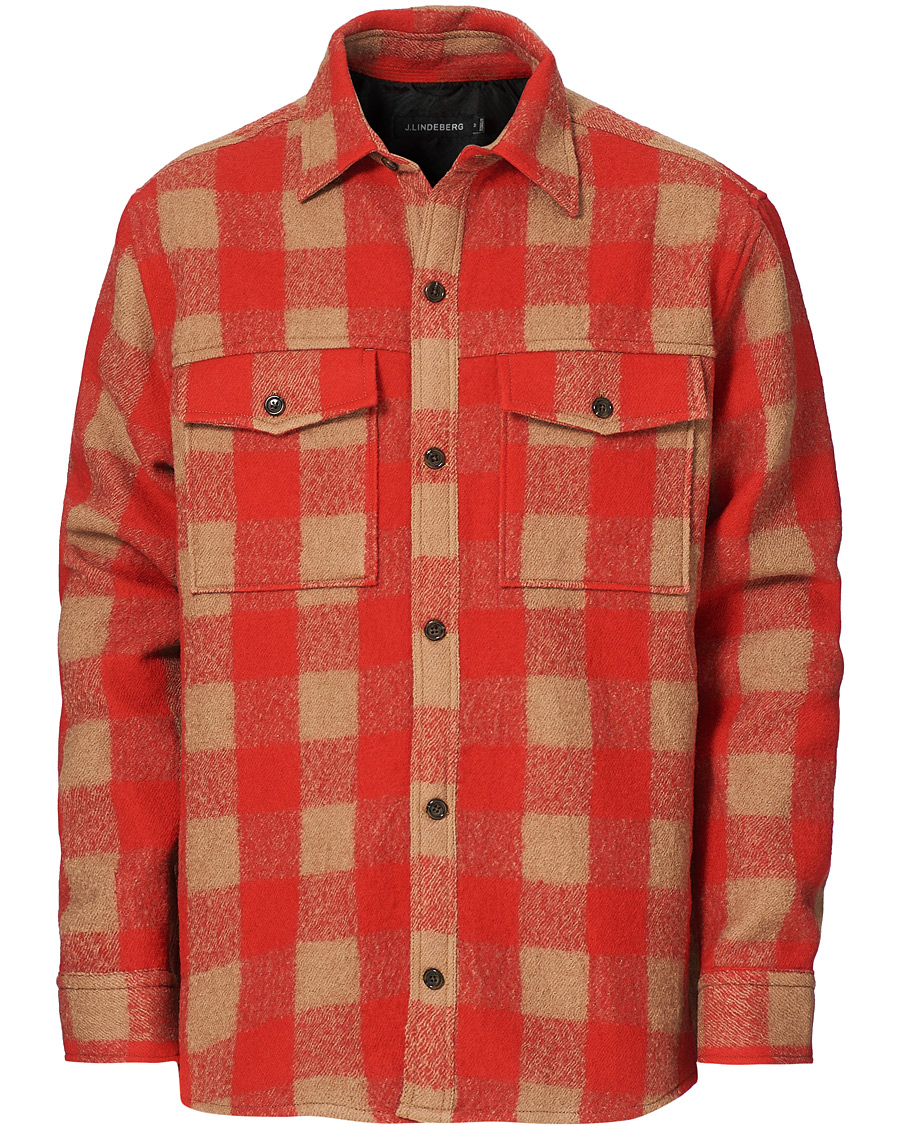 Men | Shirts | J.Lindeberg | Gingham Wool Loose Fit Overshirt Red Bell