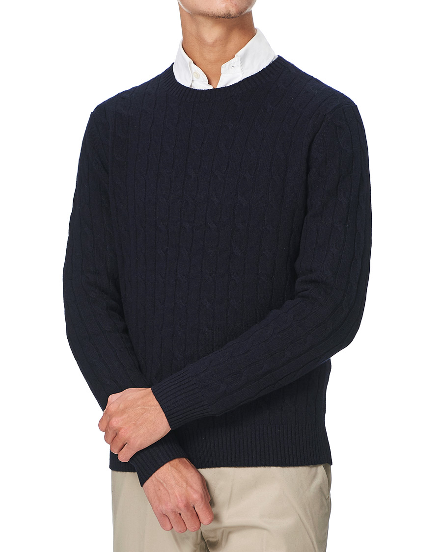 Men | Sweaters & Knitwear | Brooks Brothers | Lambswool Cable Crew Neck Navy