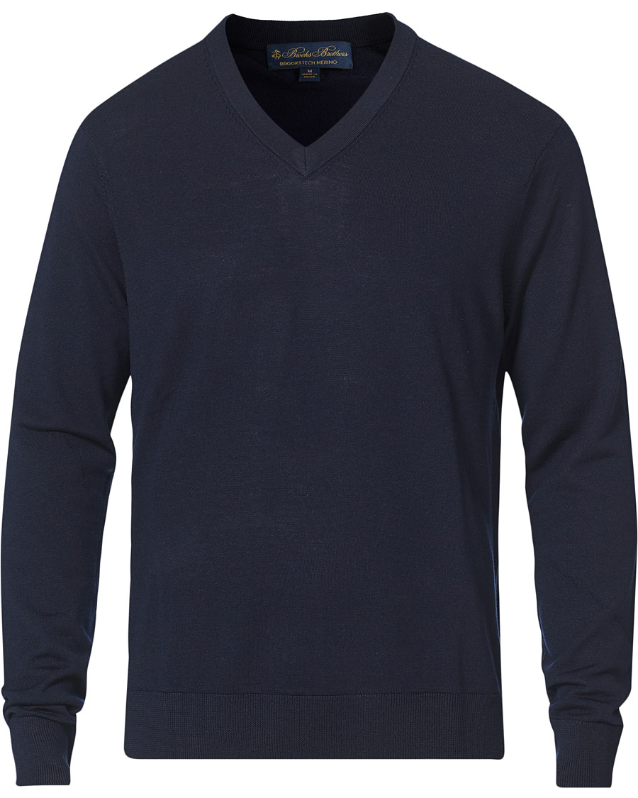 Men | Sweaters & Knitwear | Brooks Brothers | Washable Merino Wool V-Neck Navy
