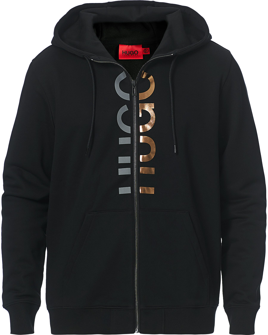 Men | Sweaters & Knitwear | HUGO | Dellar Glossy Logo Full Zip Hoodie Black