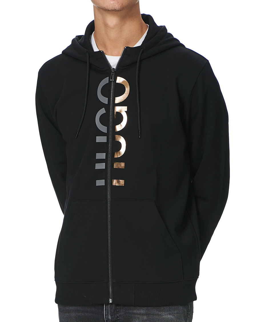 Men | Sweaters & Knitwear | HUGO | Dellar Glossy Logo Full Zip Hoodie Black