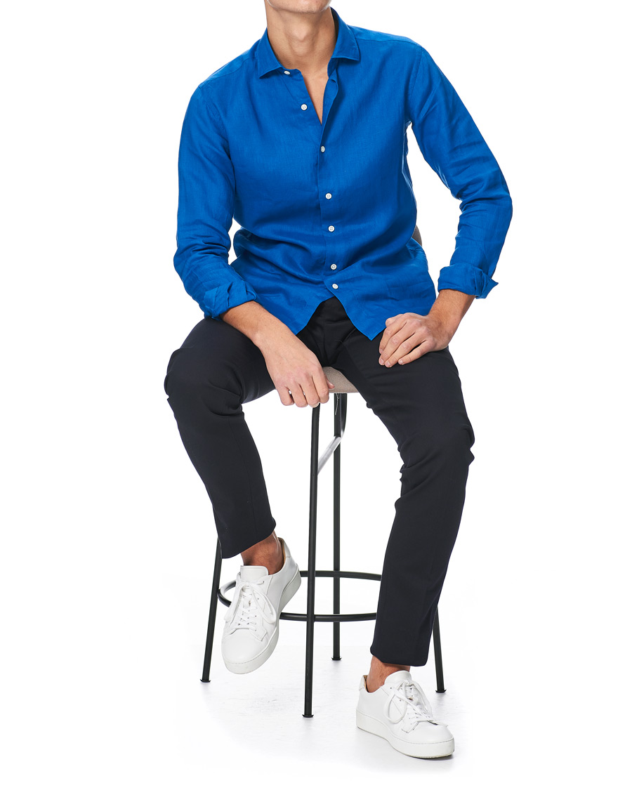 Men | Shirts | Kamakura Shirts | Slim Fit Linen Shirt Cobalt Blue