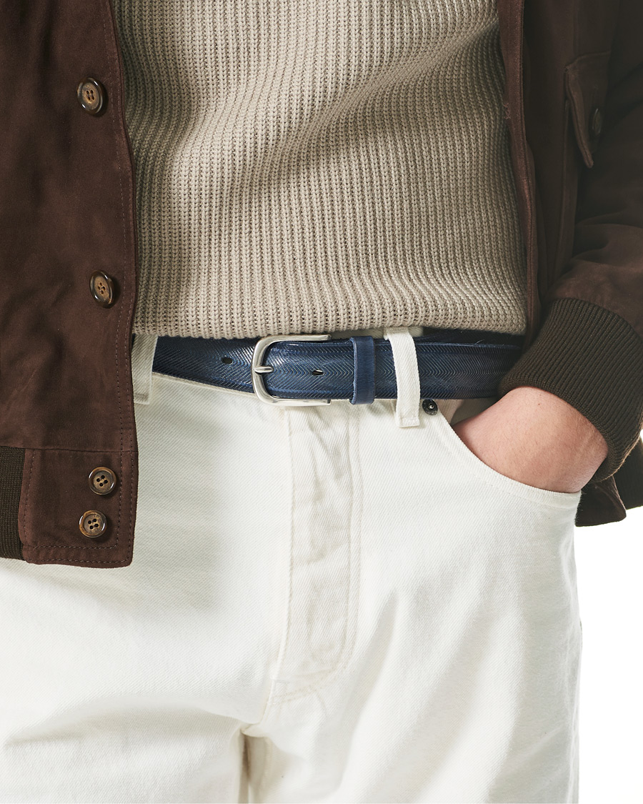 Men | Orciani Herringbone Leather Belt 3,5 cm Denim Blue | Orciani | Herringbone Leather Belt 3,5 cm Denim Blue