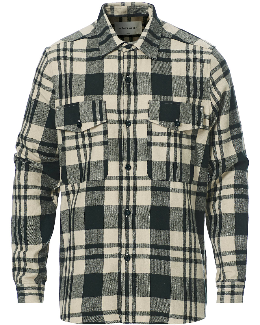 Men | Shirts | A Day's March | Cardiff Checked Flannel Shirt Off White/Seaweed