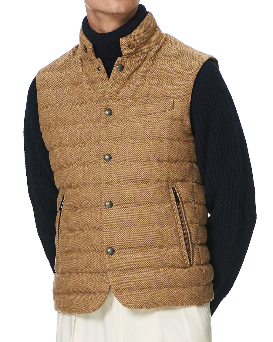 Men | Coats & Jackets | Ralph Lauren Purple Label | Whitwell Wool Tweed Down Vest Classic Camel