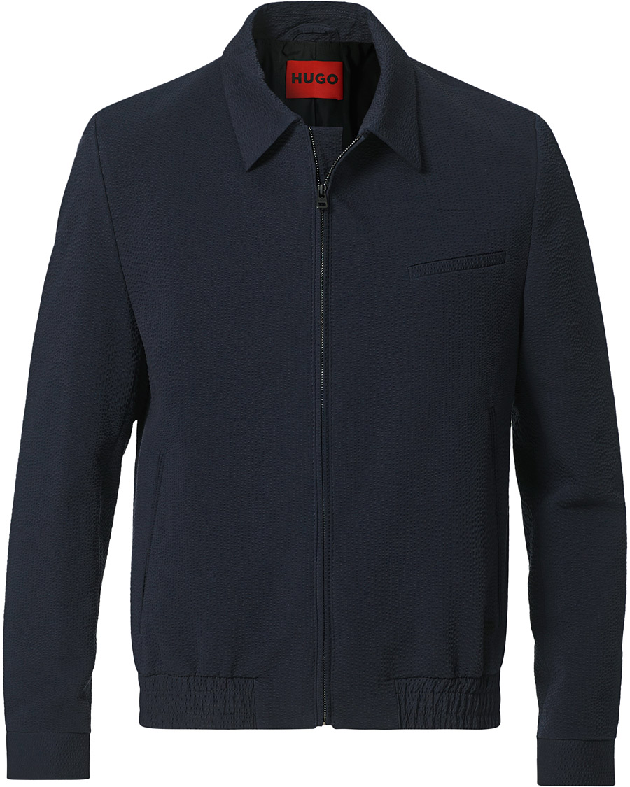 Men | Coats & Jackets | HUGO | Hellis Seersucker Bomber Jacket Dark Blue