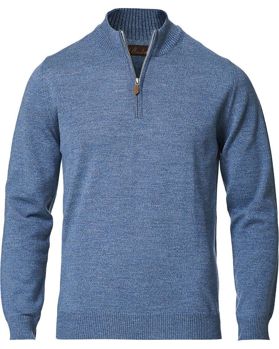 Men | Sweaters & Knitwear | Stenströms | Merino Half Zip Blue Mouliné