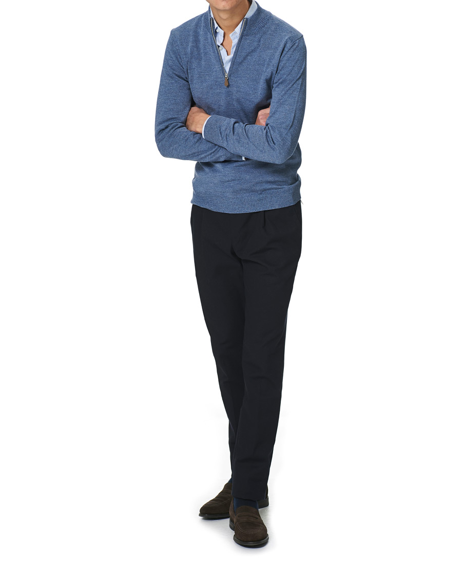 Men | Sweaters & Knitwear | Stenströms | Merino Half Zip Blue Mouliné