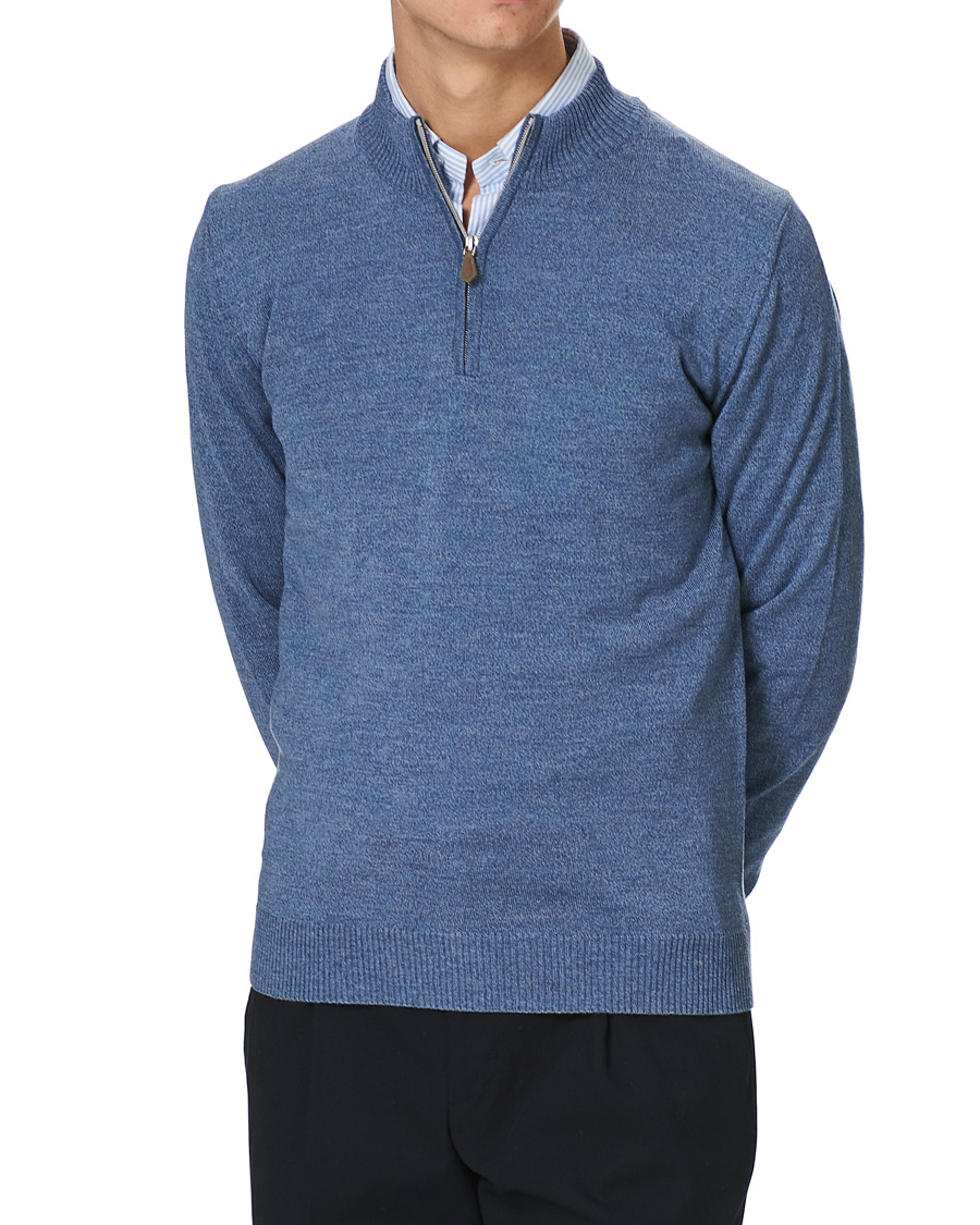 Men | Sweaters & Knitwear | Stenströms | Merino Half Zip Blue Mouliné
