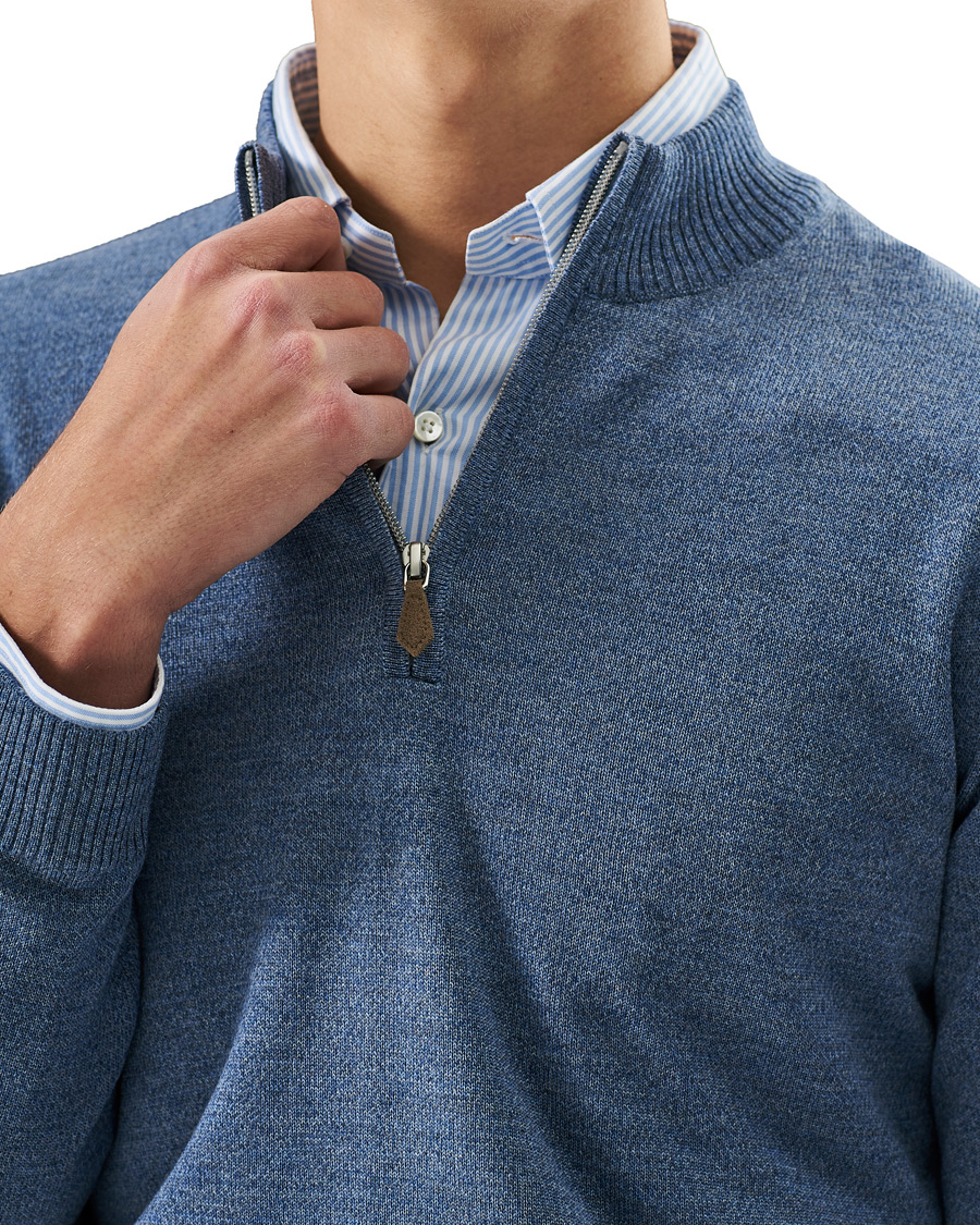 Men | Sweaters & Knitwear | Stenströms | Merino Half Zip Blue Mouliné