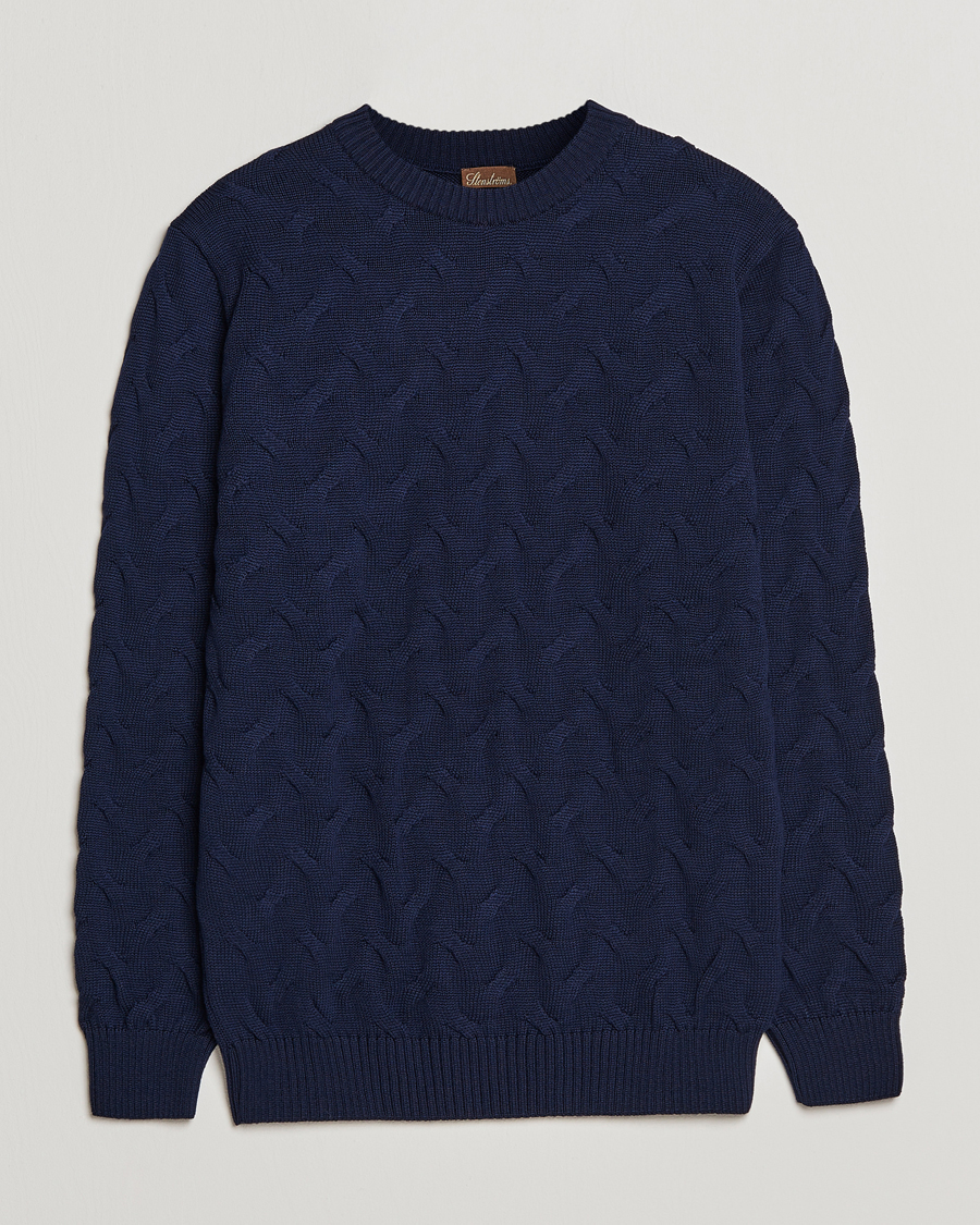Men | Sweaters & Knitwear | Stenströms | Heavy Cable Merino Crew Neck Navy