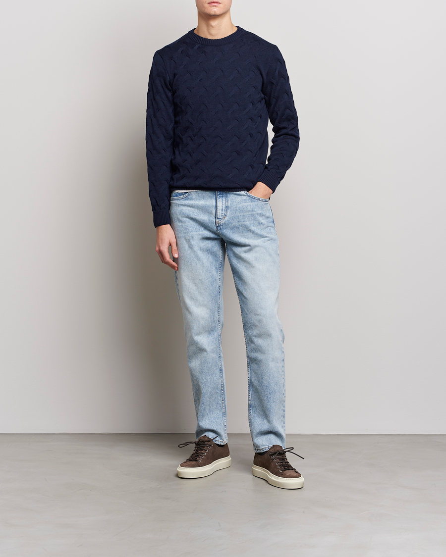 Men | Sweaters & Knitwear | Stenströms | Heavy Cable Merino Crew Neck Navy