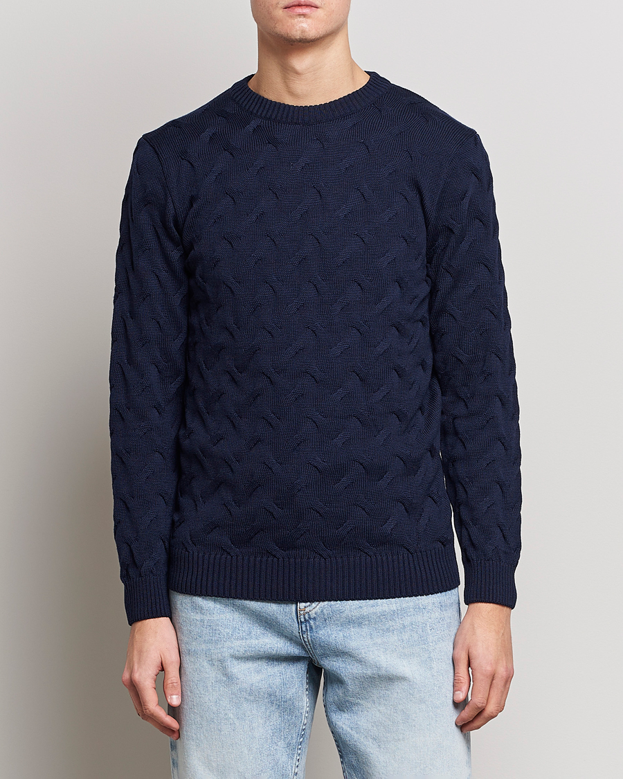 Men | Sweaters & Knitwear | Stenströms | Heavy Cable Merino Crew Neck Navy