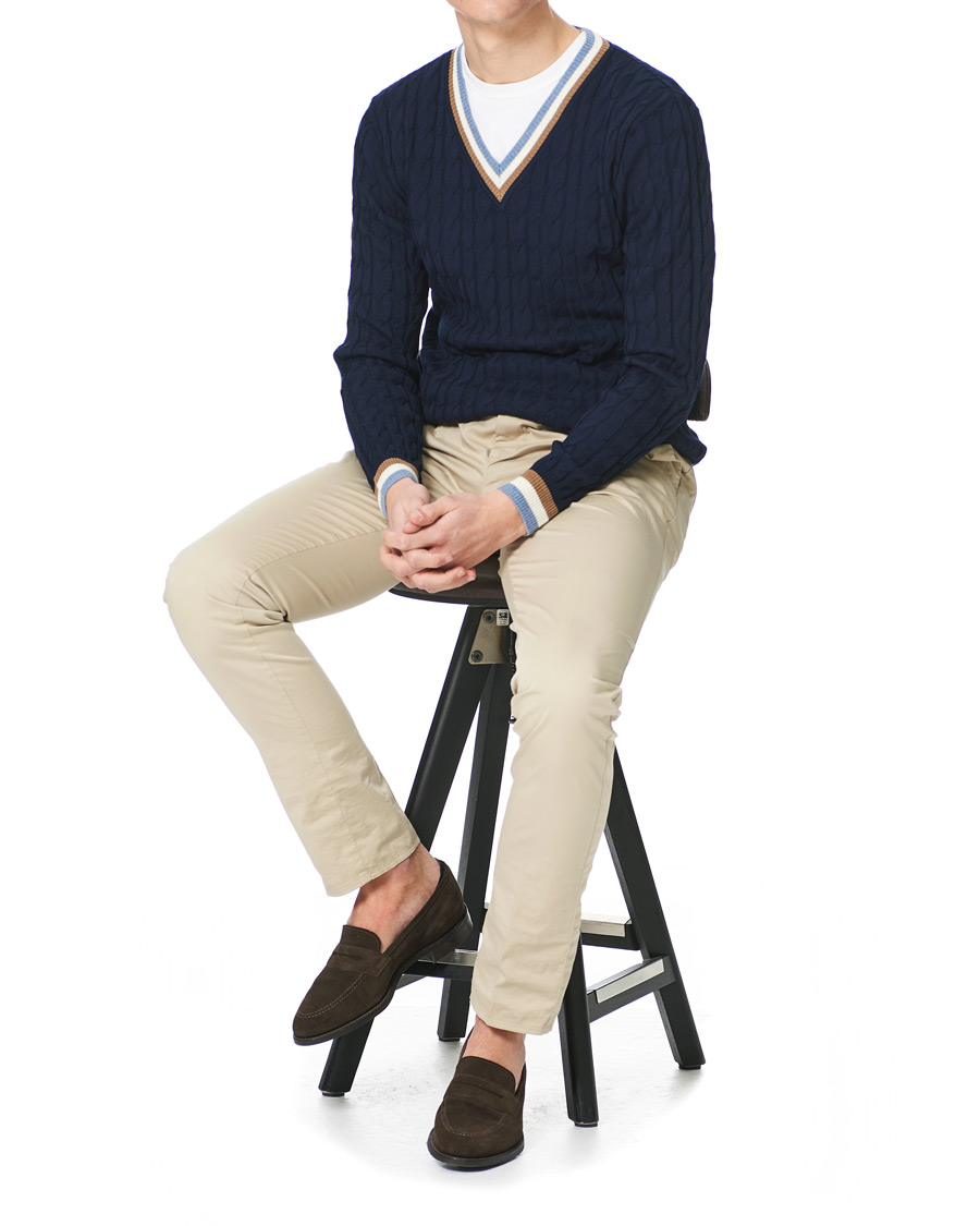 Men | Sweaters & Knitwear | Stenströms | Contast Merino Cable V-Neck Navy