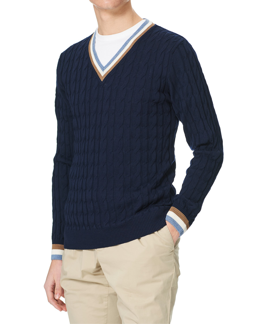 Men | Sweaters & Knitwear | Stenströms | Contast Merino Cable V-Neck Navy