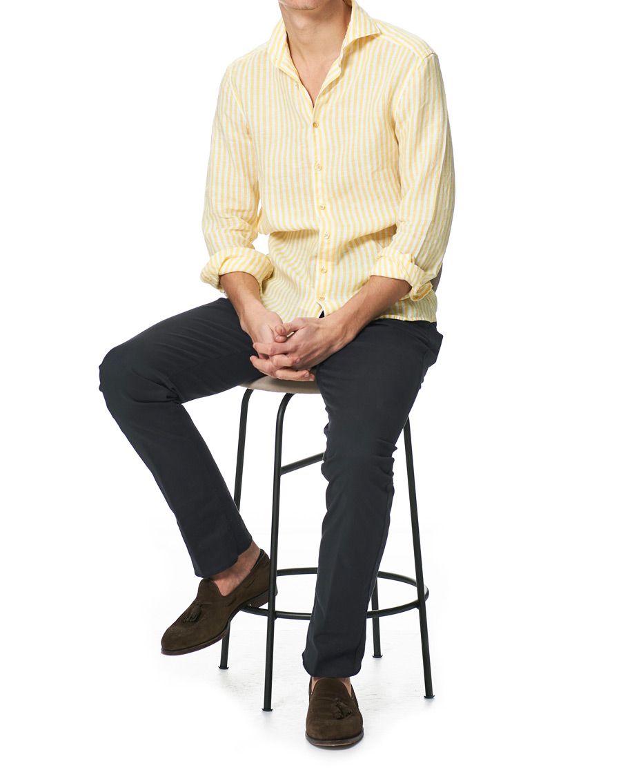 Men | Shirts | Stenströms | Slimline Cut Away Striped Linen Shirt Yellow