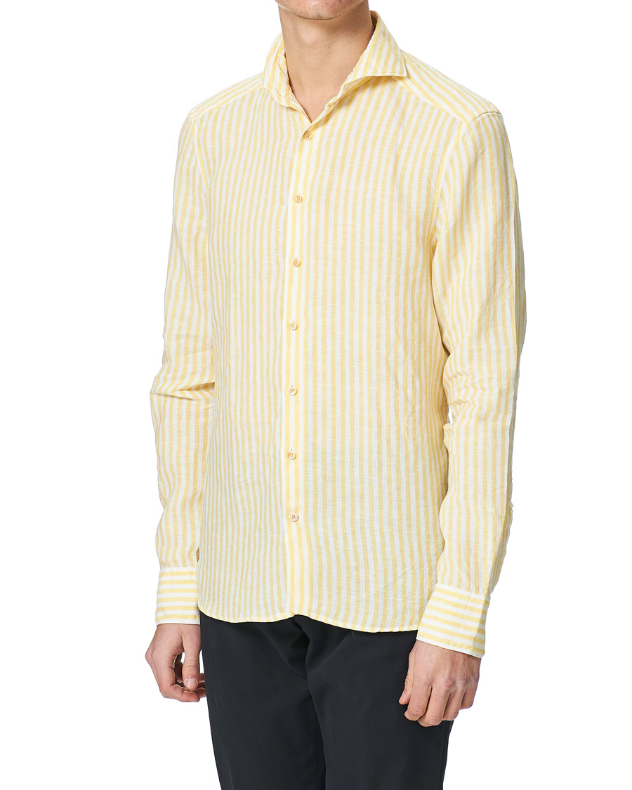 Men | Shirts | Stenströms | Slimline Cut Away Striped Linen Shirt Yellow