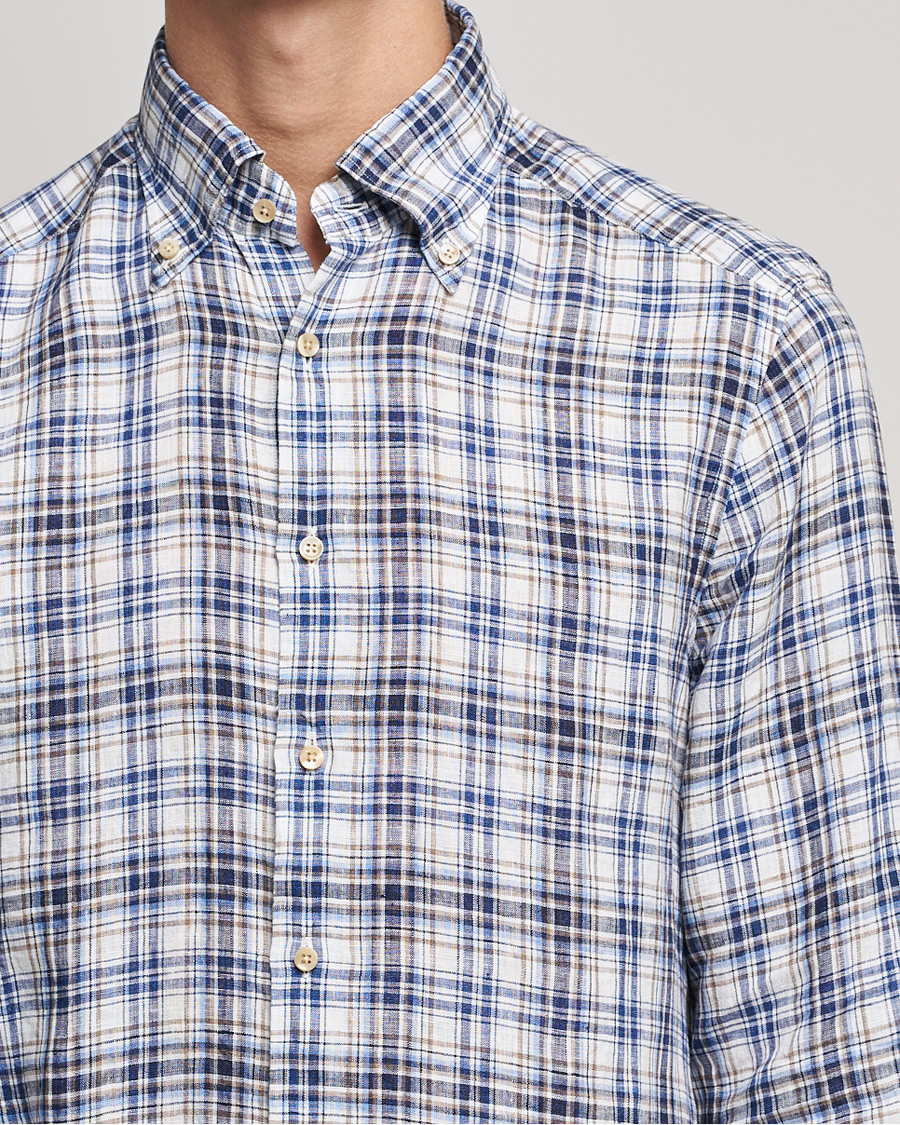 Men | Shirts | Stenströms | Slimline Cut Away Checked Linen Shirt Blue/Beige