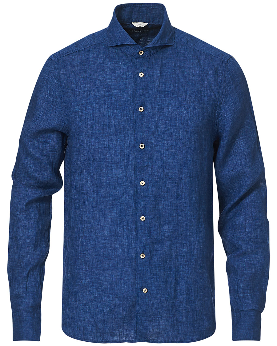 Men | Shirts | Stenströms | Slimline Cut Away Linen Shirt Dark Blue